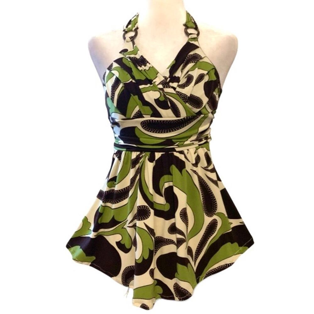 Y2K Brown Green Pattern Halter Tank Top – Flowy Medium